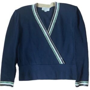 St John Evening knit sweater cardigan black w/white, gold, and green trim. .
(1)